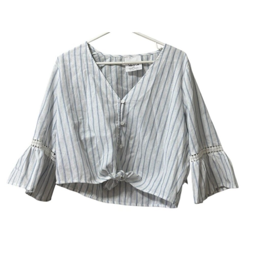 Sadie And Sage Button Tie Crop Top XL Cotton Bell Sleeve Embroidered Cotton NWT